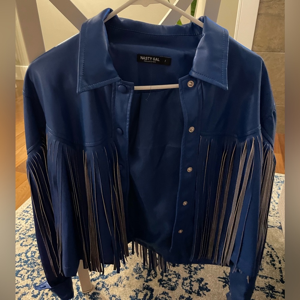 Blue feux leather fringe coat from nasty gal